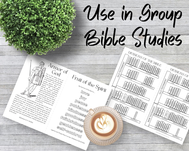 May include: A printed study guide featuring the Armor of God, Fruit of the Spirit, and Divisions of the Bible charts. The text reads Use in Group Bible Studies. A ceramic mug with latte art and a small green topiary plant are also visible.