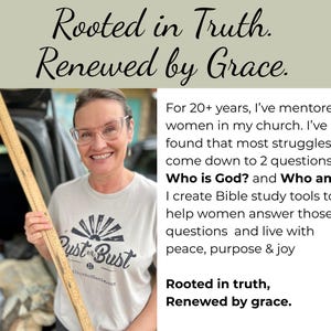 Op de afbeelding: Een vrouw met een bril en een t-shirt met de tekst "Just on Bust" houdt een houten liniaal vast. De afbeelding bevat de tekst "Rooted in Truth. Renewed by Grace."