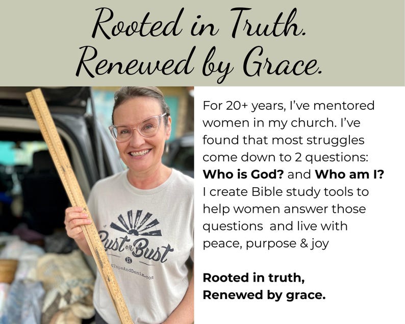 Op de afbeelding: Een vrouw met een bril en een t-shirt met de tekst "Just on Bust" houdt een houten liniaal vast. De afbeelding bevat de tekst "Rooted in Truth. Renewed by Grace."