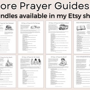 May include: A collection of printable prayer guides with the text "More Prayer Guides & bundles available in my Etsy shop!". Each guide features a title such as "30 Days of Prayer for Your Husband" and includes illustrations.