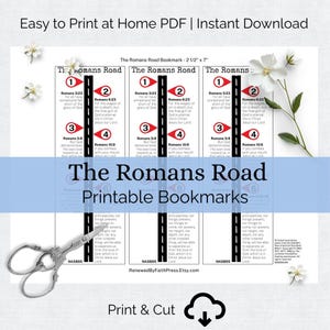 Puede incluir: Marcadores imprimibles con "The Romans Road" y vers&iacute;culos b&iacute;blicos. Cada marcador mide 6,35 cm de ancho y 17,78 cm de largo. El dise&ntilde;o incluye un gr&aacute;fico de carretera y el texto "The Romans Road Printable Bookmarks".