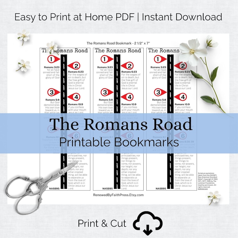 Puede incluir: Marcadores imprimibles con "The Romans Road" y vers&iacute;culos b&iacute;blicos. Cada marcador mide 6,35 cm de ancho y 17,78 cm de largo. El dise&ntilde;o incluye un gr&aacute;fico de carretera y el texto "The Romans Road Printable Bookmarks".