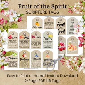 May include: A digital download of 16 scripture tags themed around the Fruit of the Spirit. Each tag displays a word such as "Love" or "Patience" and a related Bible verse. The tags are beige with colourful fruit illustrations.