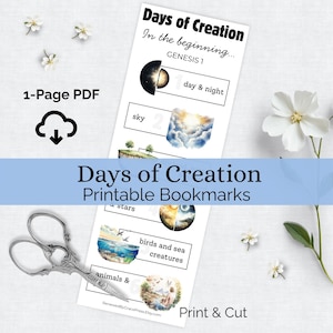 Days of Creation Printable Bible Bookmark – Genesis Creation Story for Kids & Adults – 2.5&quot;x7&quot; PDF – Bible Study, Sunday School, Homeschool