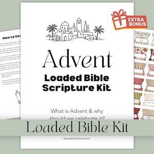 May include: An Advent Loaded Bible Scripture Kit printable set featuring a title page with a line-art illustration of a city, a How to Use instruction sheet, and a page of decorative tabs with red, green, and white patterns and text.