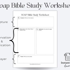 Puede incluir: Una hoja de trabajo de estudio b&iacute;blico SOAP blanca con texto negro. El dise&ntilde;o incluye secciones para Escritura, Observaci&oacute;n, Aplicaci&oacute;n y Oraci&oacute;n. Los corchetes indican las secciones y hay un icono de PDF con el texto Instant download.