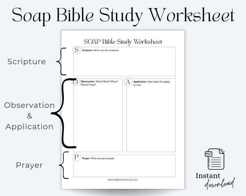 Puede incluir: Una hoja de trabajo de estudio b&iacute;blico SOAP blanca con texto negro. El dise&ntilde;o incluye secciones para Escritura, Observaci&oacute;n, Aplicaci&oacute;n y Oraci&oacute;n. Los corchetes indican las secciones y hay un icono de PDF con el texto Instant download.