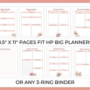 May include: A collection of printable planner pages with various layouts for scripture study, sermon notes, and prayer journals. The pages are designed to fit 8.5" x 11" planners or 3-ring binders. Each page features a floral design.
