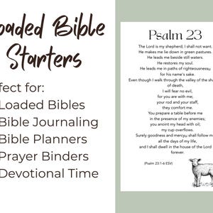 May include: A white card featuring the text Loaded Bible Starters and a list of uses including Loaded Bibles, Bible Journaling, Bible Planners, Prayer Binders, and Devotional Time. Beside it, a card displays Psalm 23 with a small illustration of a lamb.