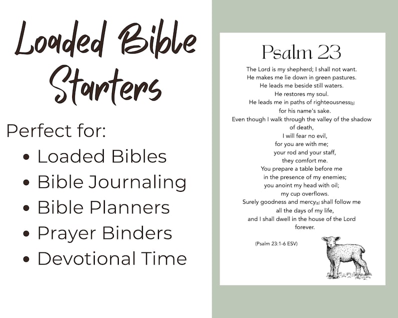 May include: A white card featuring the text Loaded Bible Starters and a list of uses including Loaded Bibles, Bible Journaling, Bible Planners, Prayer Binders, and Devotional Time. Beside it, a card displays Psalm 23 with a small illustration of a lamb.