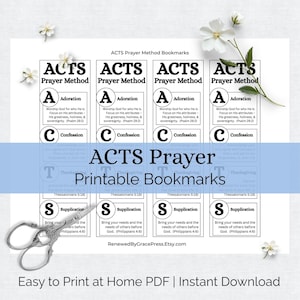 May include: Four printable bookmarks with the text "ACTS Prayer Method" and the acronym "ACTS" representing Adoration, Confession, Thanksgiving, and Supplication. The bookmarks are black and white with a blue background.