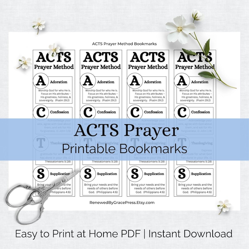 May include: Four printable bookmarks with the text "ACTS Prayer Method" and the acronym "ACTS" representing Adoration, Confession, Thanksgiving, and Supplication. The bookmarks are black and white with a blue background.