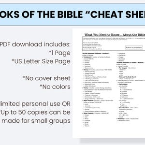 May include: A white printable PDF titled "BOOKS OF THE BIBLE 'CHEAT SHEET'". The PDF includes a list of the books of the Bible, divided into the Old and New Testaments, with additional information. The download includes one US Letter size page.