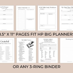May include: A collection of eight printable planner pages for Bible study and prayer, featuring headers like Acts Prayer, Daily Prayer, SOAP Bible Study, and My Quiet Time With God. The text 8.5" x 11" PAGES FIT HP BIG PLANNERS OR ANY 3-RING BINDER is included.