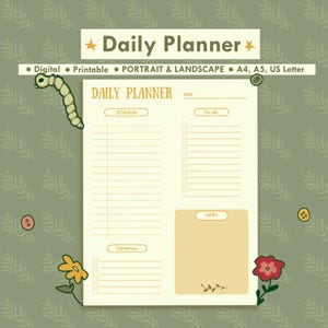 Planificador diario bonito / Planificador digital estilo cottagecore / Planificador de verano / Imprimible / Sin fecha / Tamaños A4, A5 y carta (EE. UU.) / Vertical y horizontal