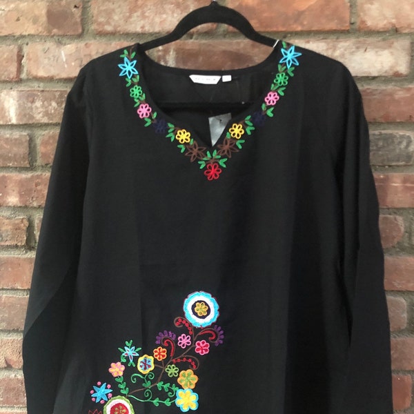 100% Cotton, Bohemian Floral Embroidered Full Sleeves, Tunic~Top~Blouse (XXS - 5XL) (T10)