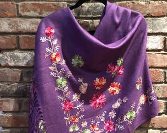 Grape purple Embroidered Stole, Soft Warm Romantic Floral Embroidered Wrap | stole | scarf| shawl or 73"x 28" by Kashmirvalley.com