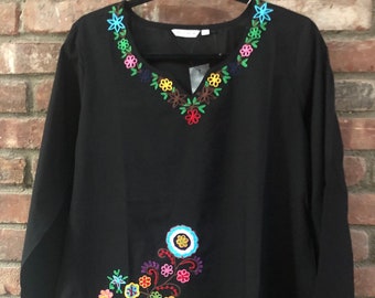 100% Cotton, Bohemian Floral Embroidered Full Sleeves, Tunic~Top~Blouse (XXS - 5XL) (T10)