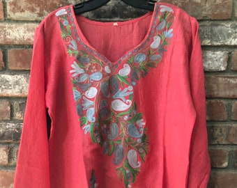 Soft Light Weight Cotton Blend  Watermelon Pink Floral Embroidered Women's Split V-Neck Top~Tunic~Blouse US size M (8)