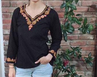 PETITE/PLUS sizes 100% Cotton Black Embroidered  Top~Tunic~Blouse - Full Sleeve Sizes ( XXS-5XL) -(T50)