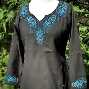 Bohemian 100% Cotton Black Turquoise Floral Hand Embroidered  Boho-Chic Top~Tunic~Blouse - US Sizes XXS - 5XL-