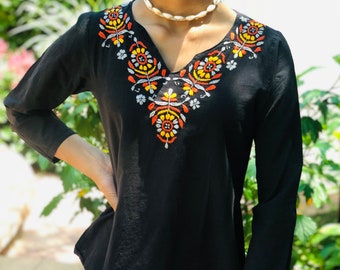 Bohemian 100% Soft Lightweight Breathable Boho Chic Cotton Blouse~ Top~Tunic  With Floral Embroidery (T28-C, PAT1)