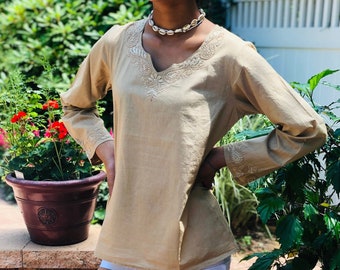 Bohemian  Natural Beige Hand Boho Chic Hippie Embroidered Top~Tunic~Blouse - Full Sleeve sizes Available XXS - 5XL- 100% Cotton