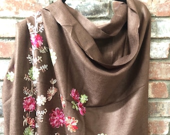 Chocolate Brown Soft warm romantic light weight chocolate  Floral embroidered stole, scarf, shawl wrap 73"x 28"  by Kashmirvalley.com