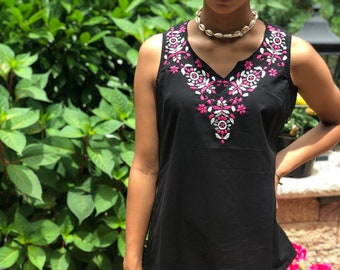 Petite/Plus 100% bawełniany top bez rękawów w kolorze czarnym i różowym, ręcznie haftowany, bluzka, tunika w rozmiarach amerykańskich XXS-5XL od kashmirvalley.com