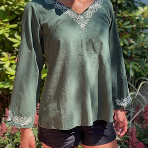 Hunter Green PETITE-PLUS Sizes Embroidered  Top~Tunic~Blouse - Full Sleeve sizes Available XXS - 5XL- 100% Cotton (T9)