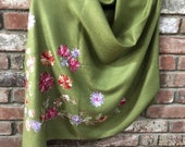 Lemon Grass Green Embroidered Light Weight Soft Romantic Semi-Pashmina embroidered wrap stole scarf shawl or 73 quot x 28 quot by Kashmirvalley