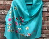 Aqua Embroidered Light Weight Soft Romantic Semi-Pashmina embroidered wrap stole scarf shawl or 73 quot x 28 quot by Kashmirvalley