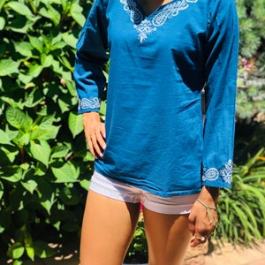 Steel Blue Bohemian 100% Cotton  Boho chic Tunic Top~Blouse - Full Sleeve -XXS-5XL by Kashmirvalley