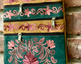 10"L x 8"W Kashi Collection: Mystic Jade Boho Suede Crossbody Embroidered Bag with Adjustable Shoulder Strap by Kashmirvalley.com