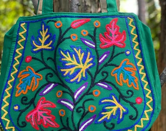 Forest Green Multicolor Hand Embroidered shoulder handbag by kashmirvalley.com