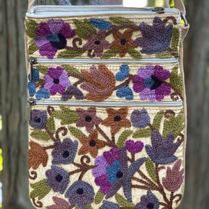 Boho-Chic Velvet Crossbody Multicolor Floral Embroidered Travel Bag with multiple pockets by Kashmirvalley.com