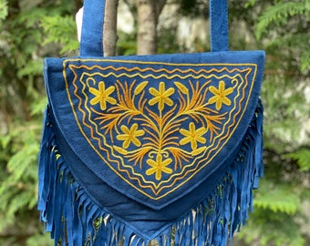 Sweetheart Boho Chic  Fringe/ Tassle Embroidered Crossbody Handbag Suede~ Leather by Kashmirvalley.com