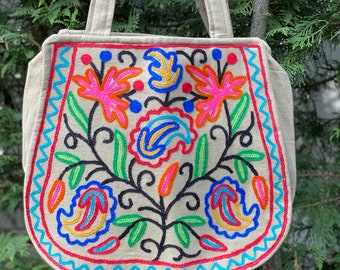 16”L x 12”H x 4”W Cream Beige Crewel Tote Bag with Red Maple Leaf Bag (H11.21-2) by Kashmirvalley.com