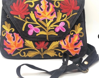 Gardenia-Charcoal Grey Floral Embroidered Shoulder Bag (FBM) by KashmirValley.com