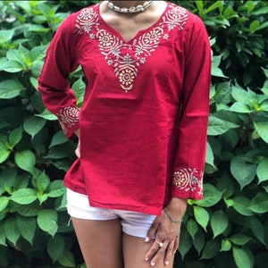 Red Bohemian 100% Cotton  Boho chic Top~Tunic~Blouse - Full Sleeve -XXS-5XL by Kashmirvalley