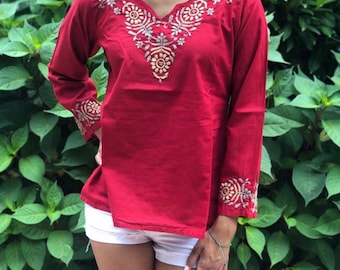 Rouge Boho 100% Coton Boho chic Top~Tunic~Blouse - Full Sleeve -XXS-5XL by Kashmirvalley