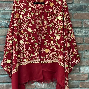 100% Soft Warm Non itch Wool-Burgundy Red Floral Embroidered Shawl~Stole~Wrap by Kashmirvalley.com.