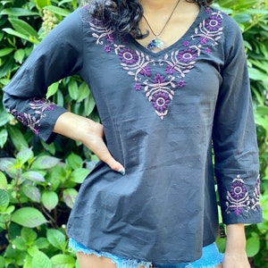 Black Embroidered Top~Blouse~Tunic -Full Sleeve, V-Neck by Kashmirvalley.com- Sizes Petite/Plus sizes XS to 3X-100% Cotton by Kashmirvalley.