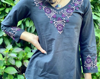 Black Embroidered Top~Blouse~Tunic -Full Sleeve, V-Neck by Kashmirvalley.com- Sizes Petite/Plus sizes XS to 3X-100% Cotton by Kashmirvalley.