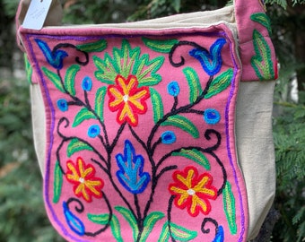 16”L x 12”H x 4”W Pink & Beige Crewel with Red Flower Tote Bag (H11.2) by Kashmirvalley.com