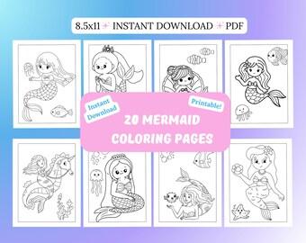 Mermaid Coloring Pages | Mermaid Coloring Book | Mermaid Coloring Sheets | Printable Coloring Pages | Cute Coloring Book | Digital Coloring
