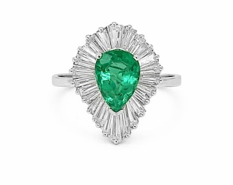 AGL Certified Emerald Diamond Art Deco Ballerina Ring | 14K White Gold | 1.91 CTW G VS | Heirloom Statement Ring