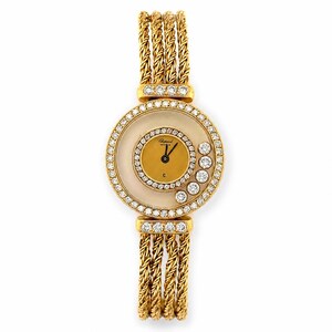May include: A gold wristwatch featuring a round face with a smaller inner gold dial, surrounded by a ring of clear stones. Five loose clear stones are set between the inner and outer dials. The band consists of three braided gold rope strands.