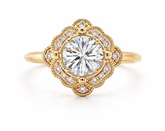 Natural Diamond Halo Art Deco Engagement Ring Semi Mount Setting | 14K Yellow Gold Milgrain |  Bridal Heirloom Ring