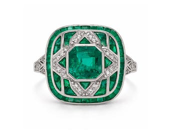 Natural Emerald Diamond Art Deco Ring | 14K White Gold | Vintage Inspired Heirloom Ring | Fine Jewelry Statement Piece